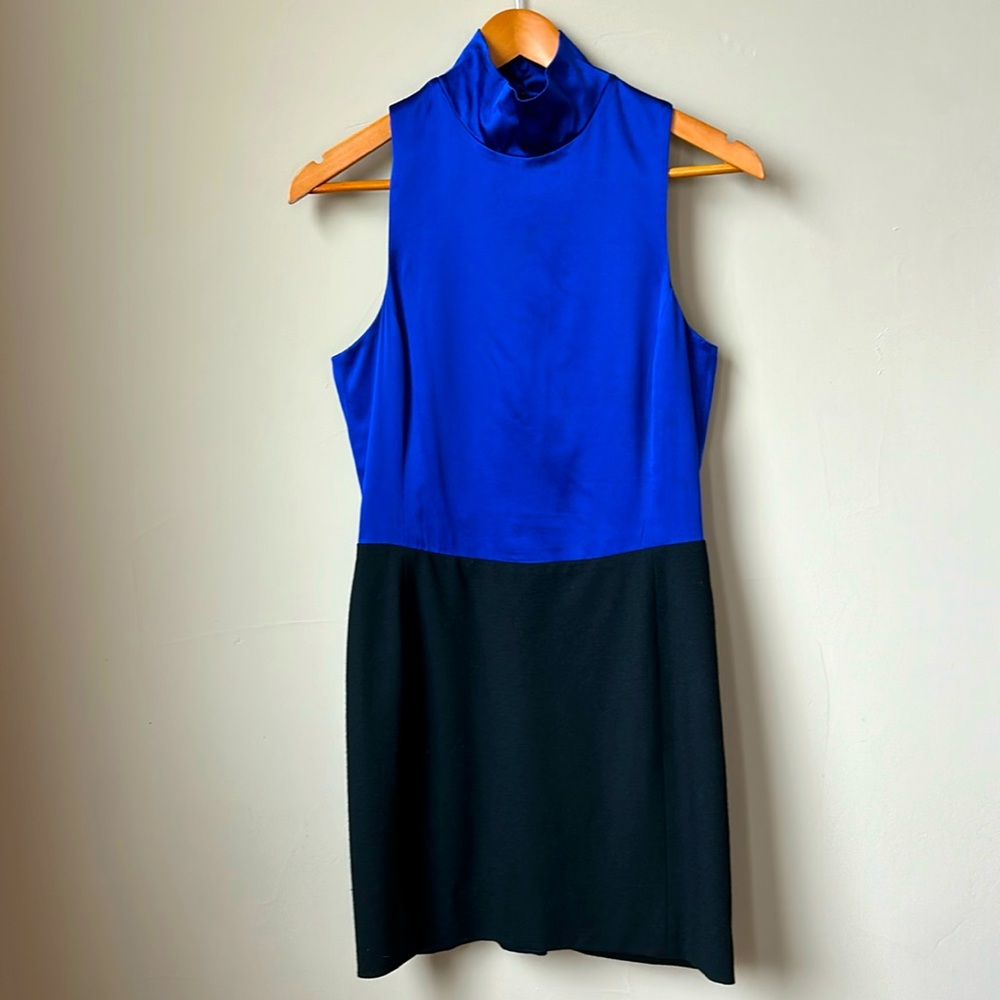 EMPORIO ARMANI 2-tone, cobalt blue silk top & black wool bottom dress size 6